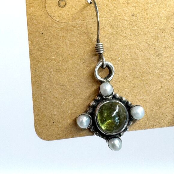 Vtg Green Peridot Gemstone Cabochon And Seed Pearl Sterling Silver Drop Earrings - Picture 3 of 11